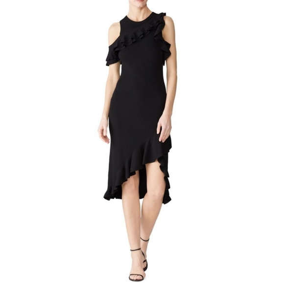 A.L.C. Dresses & Skirts - ALC Kellam Black Ribbed Cold Shoulder Ruffle Trim Stretch Knit Midi Dress Large